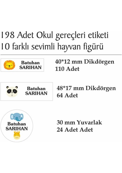 Isim Baskılı Defter Kalem Okul Etiket Seti (198 Adet Sevimli Hayvan Temalı) modelleri