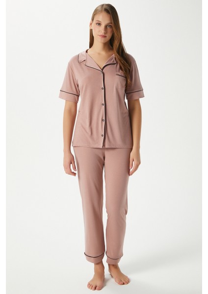 Kadın Vanessa Viskon Ön Düğmeli Kısa Kol Biyeli Pudra Alt Üst Pijama Takımı