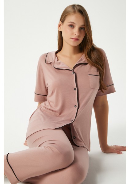 Kadın Vanessa Viskon Ön Düğmeli Kısa Kol Biyeli Pudra Alt Üst Pijama Takımı