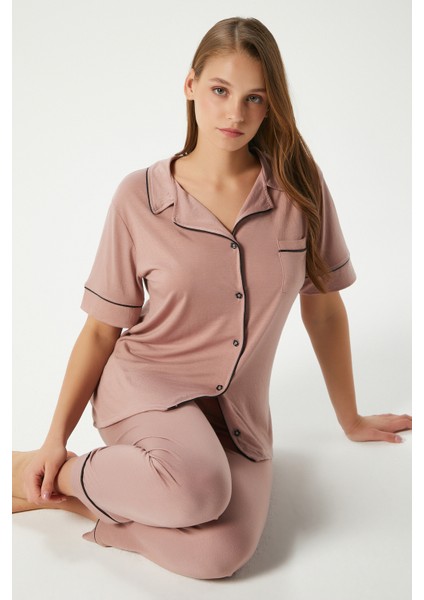 Kadın Vanessa Viskon Ön Düğmeli Kısa Kol Biyeli Pudra Alt Üst Pijama Takımı