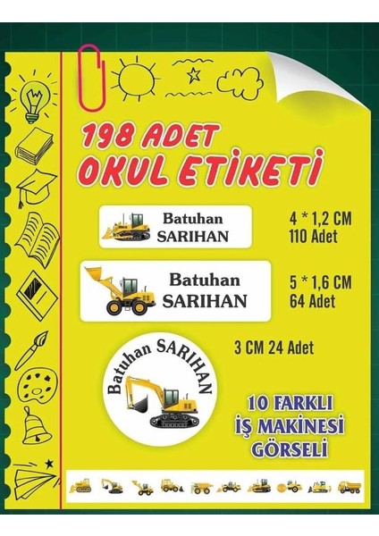Kişiye Özel Iş Makinesi Temalı Etiket ( 198 Adet Defter Kalem Okul Etiketi )