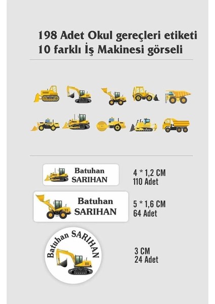 Kişiye Özel Iş Makinesi Temalı Etiket ( 198 Adet Defter Kalem Okul Etiketi ) fiyatları
