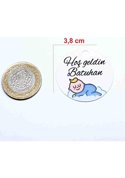 Isim Baskılı Hoş Geldin Bebek Kartı / Erkek Bebek Temalı 48 Adet Etiket (3,8 Cm)