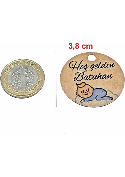 Isim Baskılı Hoş Geldin Bebek Kartı / Erkek Bebek Temalı 48 Adet Kraft Etiket (3,8 Cm)