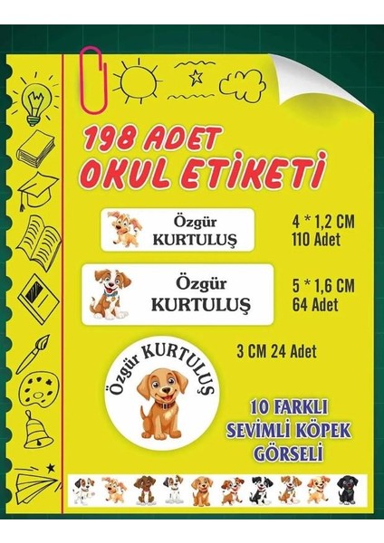 Kişiye Özel Sevimli Köpek Temalı Etiket (198 Adet Defter Kalem Okul Etiketi )