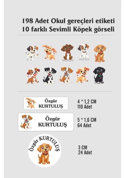 Kişiye Özel Sevimli Köpek Temalı Etiket (198 Adet Defter Kalem Okul Etiketi ) fiyatları