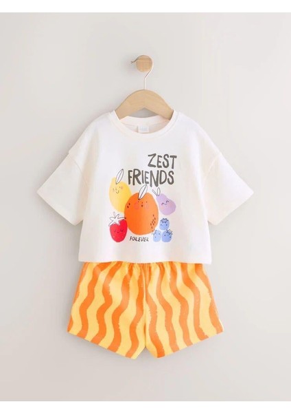 Çocuk Pamuklu Beyaz Zest Friends Baskılı T-Shirt ve Turuncu Şort Takımı