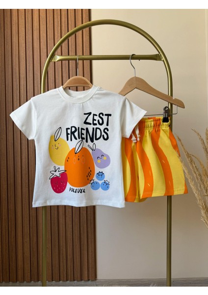 Çocuk Pamuklu Beyaz Zest Friends Baskılı T-Shirt ve Turuncu Şort Takımı