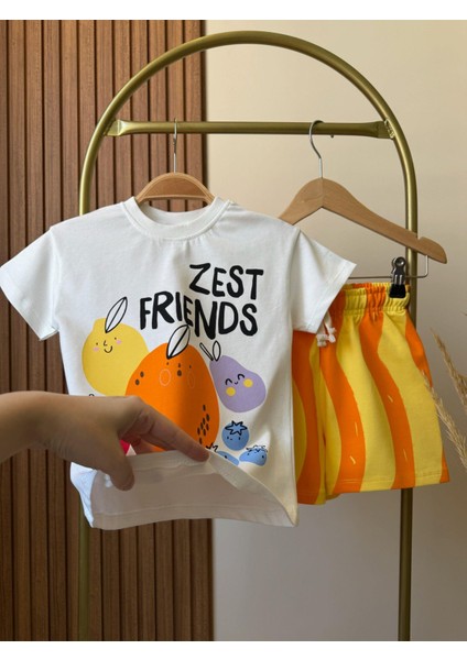 Çocuk Pamuklu Beyaz Zest Friends Baskılı T-Shirt ve Turuncu Şort Takımı