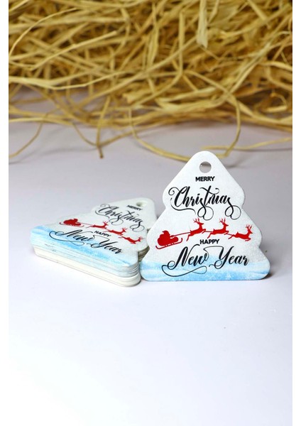 Çam Ağacı Temalı Yeni Yıl Etiketi - Happy New Year - Yılbaşı Etiketi (5,5 X5,5 Cm) 50 Adet modelleri
