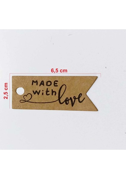 Kraft Flama Şeklinde "made With Love" Baskılı Kart (50 Adet) 2,5- 6,5 cm modelleri