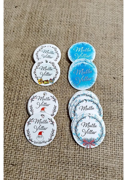 Yeni Yıl Temalı Etiket Seti - Mutlu Yıllar - Karton Yılbaşı Etiketi (3,8 Cm) 48 Adet