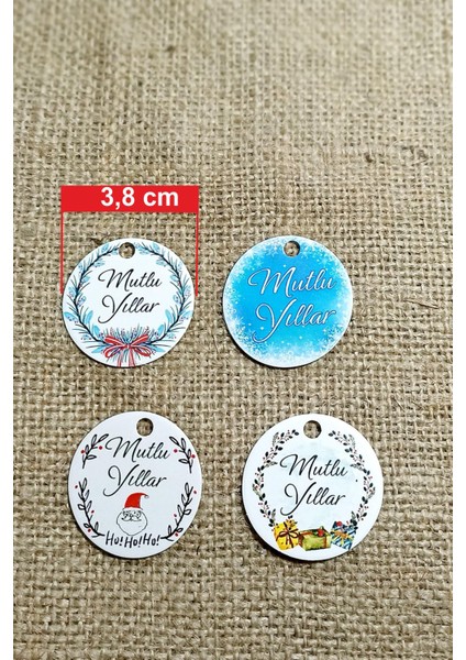 Yeni Yıl Temalı Etiket Seti - Mutlu Yıllar - Karton Yılbaşı Etiketi (3,8 Cm) 48 Adet