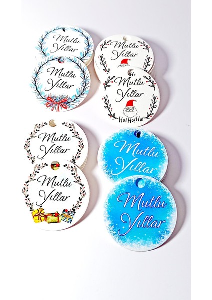 Yeni Yıl Temalı Etiket Seti - Mutlu Yıllar - Karton Yılbaşı Etiketi (3,8 Cm) 48 Adet