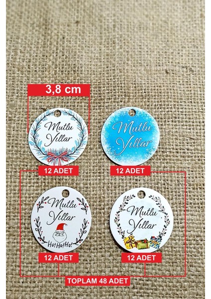 Yeni Yıl Temalı Etiket Seti - Mutlu Yıllar - Karton Yılbaşı Etiketi (3,8 Cm) 48 Adet