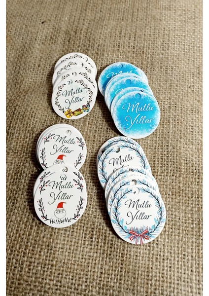 Yeni Yıl Temalı Etiket Seti - Mutlu Yıllar - Karton Yılbaşı Etiketi (3,8 Cm) 48 Adet