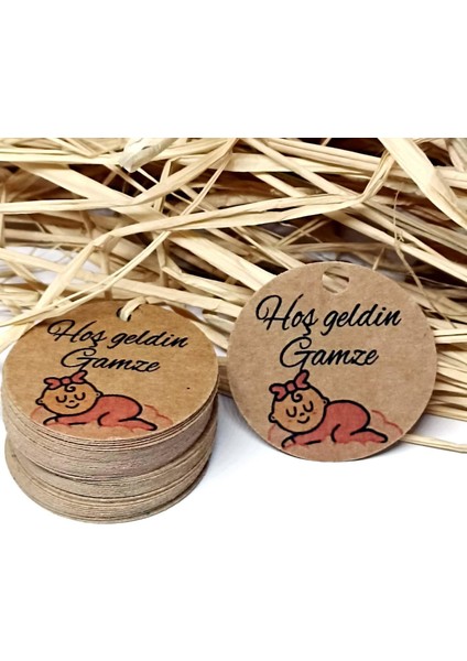 Isim Baskılı Hoş Geldin Bebek Kartı / Kız Bebek Temalı 48 Adet Kraft Etiket (3,8 Cm)