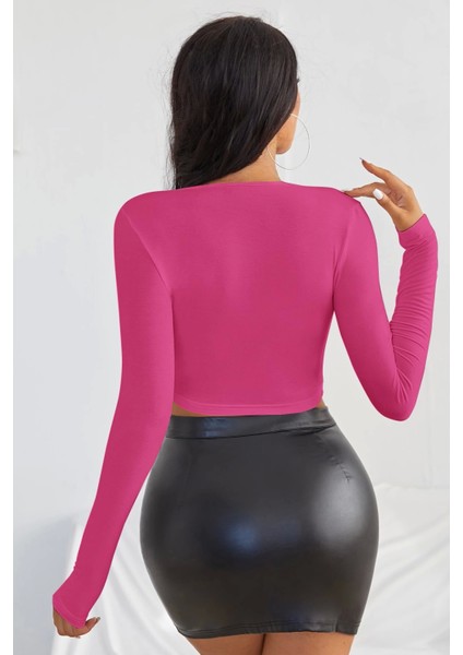 Marsilyan- Kadın Fuşya Uzun Kol Kare Yaka Crop Top Bluz