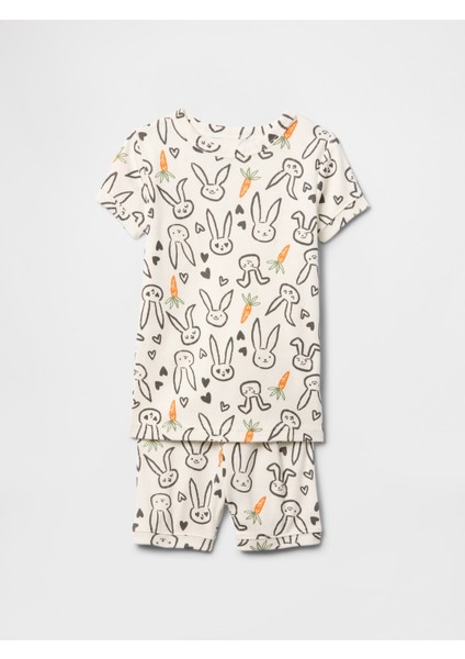 Bebek Bej %100 Organik Pamuk Tavşan Desenli Pijama Takımı
