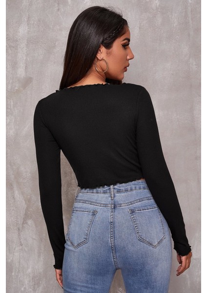 Marsilyan- Kadın Siyah Uzun Kollu Büzdürme Bağcık Detaylı Crop Top Bluz