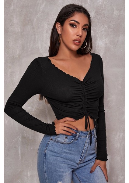Marsilyan- Kadın Siyah Uzun Kollu Büzdürme Bağcık Detaylı Crop Top Bluz