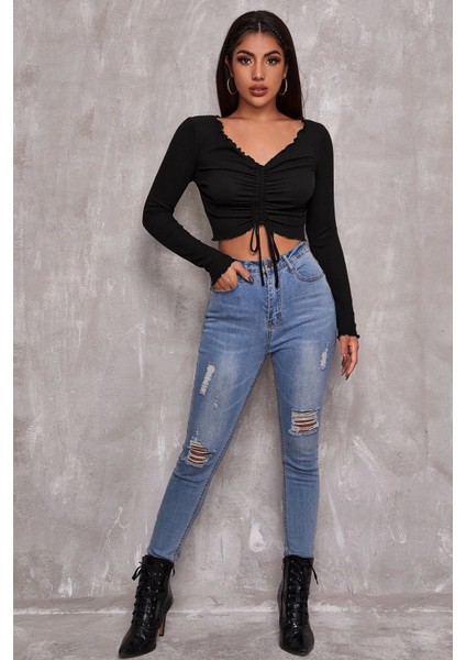 Marsilyan- Kadın Siyah Uzun Kollu Büzdürme Bağcık Detaylı Crop Top Bluz