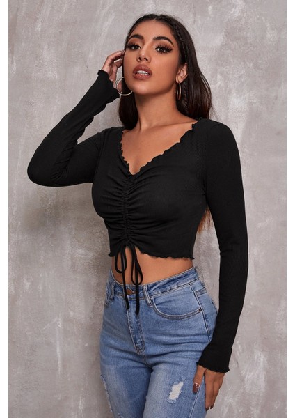 Marsilyan- Kadın Siyah Uzun Kollu Büzdürme Bağcık Detaylı Crop Top Bluz