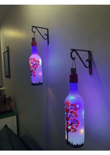 Dekoratif Cam Şişe Aplik El Boyama Sakura Ağaç Peri LED Aydınlatma