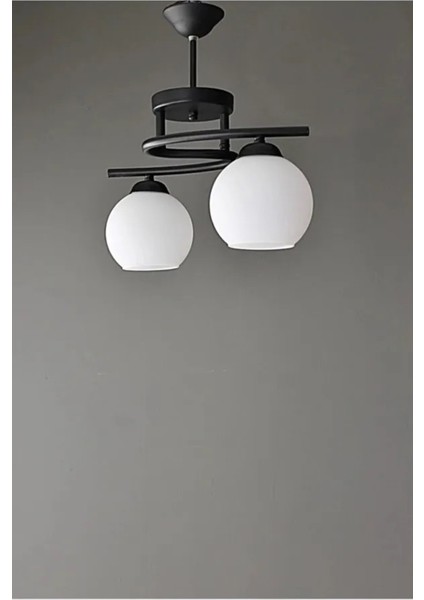 Fuji Modern Dekoratif Salon - Mutfak - Yatak Odası Siyah Renk Beyaz Camlı 2 Li Avize