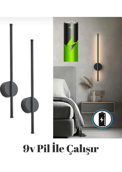 Modern Dekoratif Günışığı LED Duvar Aplik 70 cm Siyah (Pilli )