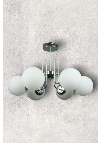 Tanya Modern Tasarım Mutfak - Salon - Yatak Odası - Tavan Krom Renk Beyaz Camlı 6 Lı Avize fiyatları