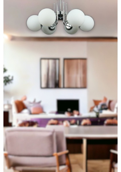 Tanya Modern Tasarım Mutfak - Salon - Yatak Odası - Tavan Krom Renk Beyaz Camlı 6 Lı Avize modelleri