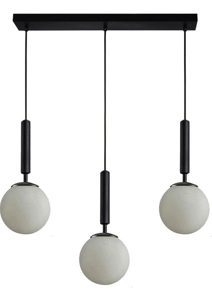 Carla Siyah Renk Gövde Beyaz Camlı Sıralı Salon - Mutfak - Yatak Odası 3 Lü Avize