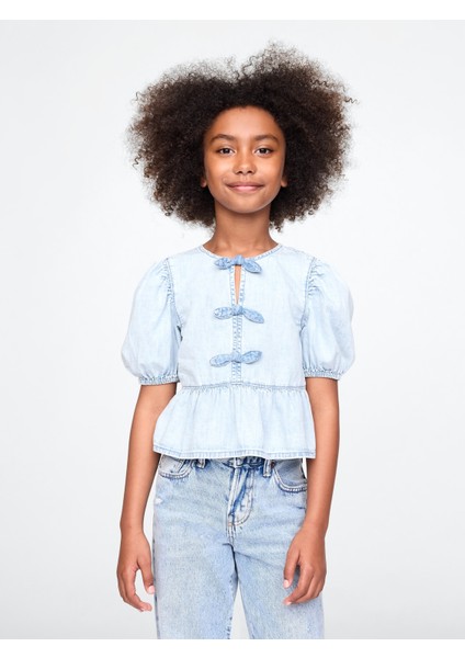 Kız Çocuk Açık Mavi Denim Fırfırlı Peplum Bluz