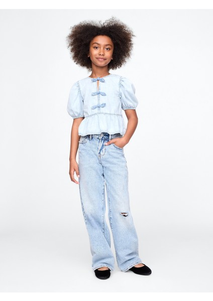 Kız Çocuk Açık Mavi Denim Fırfırlı Peplum Bluz