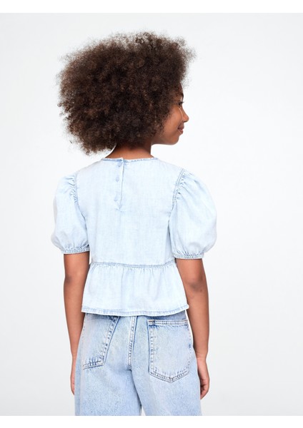 Kız Çocuk Açık Mavi Denim Fırfırlı Peplum Bluz