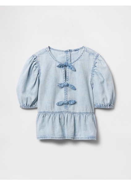 Kız Çocuk Açık Mavi Denim Fırfırlı Peplum Bluz