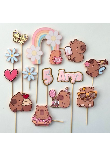 Capybara Kapibara Temalı Kız Çocuk Doğum Günü Kişiye Özel 3D Pasta Süsü Seti Cake Topper