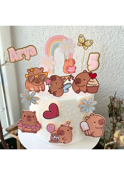 Capybara Kapibara Temalı Kız Çocuk Doğum Günü Kişiye Özel 3D Pasta Süsü Seti Cake Topper