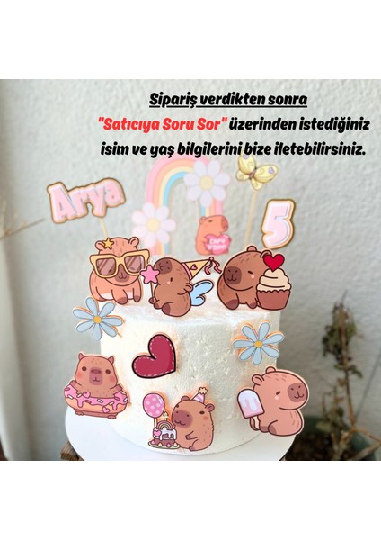 Capybara Kapibara Temalı Kız Çocuk Doğum Günü Kişiye Özel 3D Pasta Süsü Seti Cake Topper