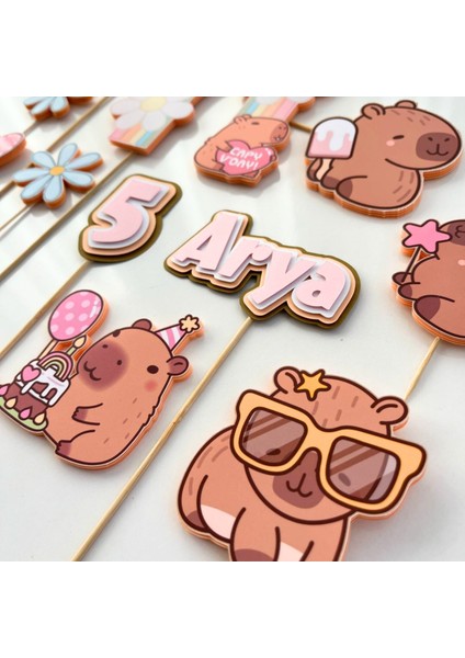 Capybara Kapibara Temalı Kız Çocuk Doğum Günü Kişiye Özel 3D Pasta Süsü Seti Cake Topper