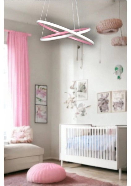 Rings Modern Tasarım Pembe Renk - Yatak Odası - Salon -Çocuk Odası - Mutfak Beyaz LED 2 Li Avize