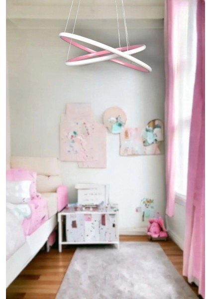 Rings Modern Tasarım Pembe Renk - Yatak Odası - Salon -Çocuk Odası - Mutfak Beyaz LED 2 Li Avize
