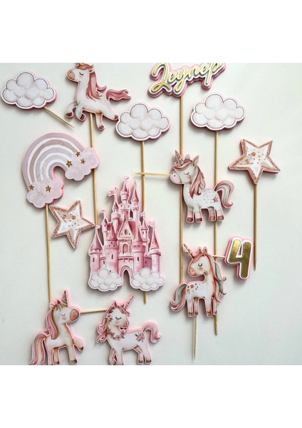Unicorn Temalı Kız Çocuk Doğum Günü Kişiye Özel 3D Pasta Parti Süsü Seti Cake Topper