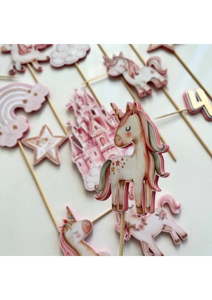 Unicorn Temalı Kız Çocuk Doğum Günü Kişiye Özel 3D Pasta Parti Süsü Seti Cake Topper