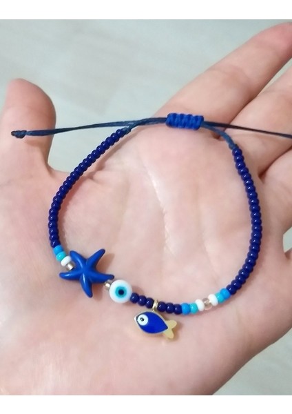 Lacivert Deniz Yıldızlı Balık Nazar ve Çek Cam Boncuklu Bileklik