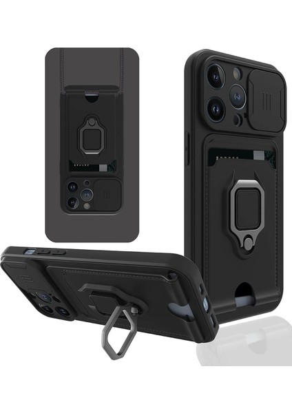 Apple iPhone 14 Pro Max Kılıf Zuma Kartvizitli Yüzüklü Silikon - Siyah Gnzrz