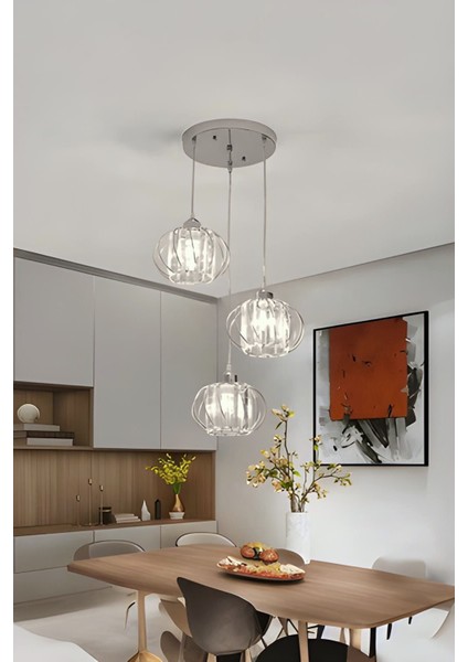 Venezia Model Krom Renk Taşlı Estetik Dekoratif Salon Mutfak Yatak Odası Hol Antre Üçlü Sarkıt Aviz