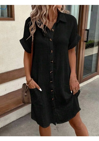 Kadın Kısa Kollu Cep Detaylı Bürümcük Kumaş Gömlek Elbise fiyatları