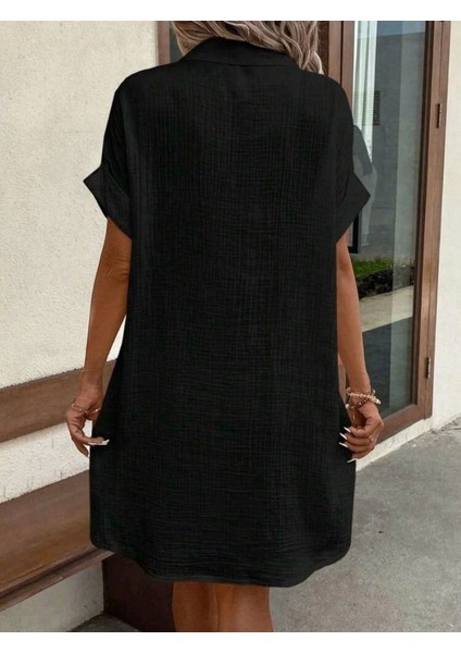 Kadın Kısa Kollu Cep Detaylı Bürümcük Kumaş Gömlek Elbise modelleri